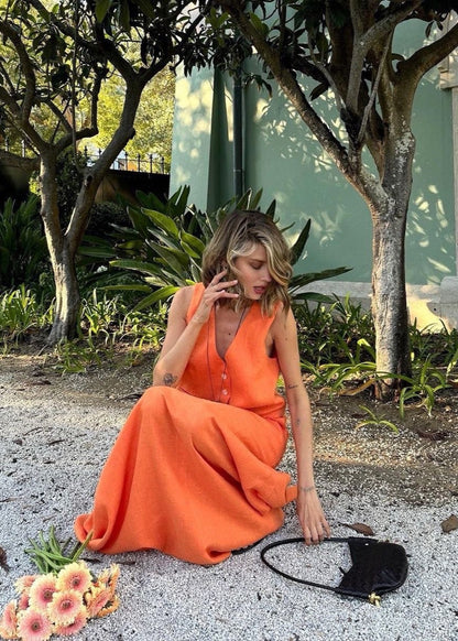 Sleeveless Linen Vest And Maxi Skirt Set In Orange