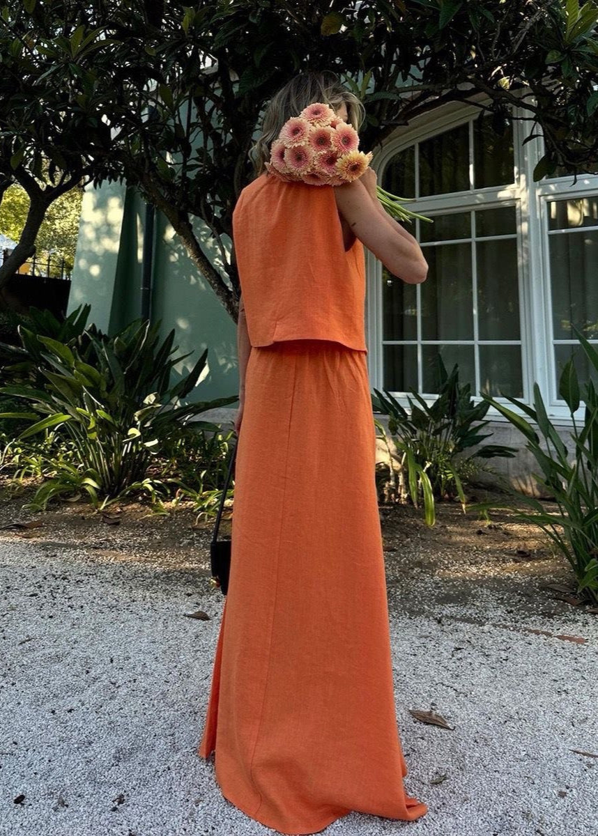 Sleeveless Linen Vest And Maxi Skirt Set In Orange