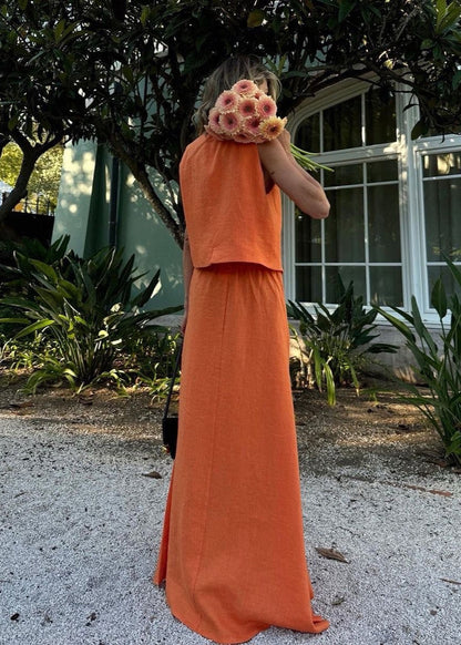 Sleeveless Linen Vest And Maxi Skirt Set In Orange