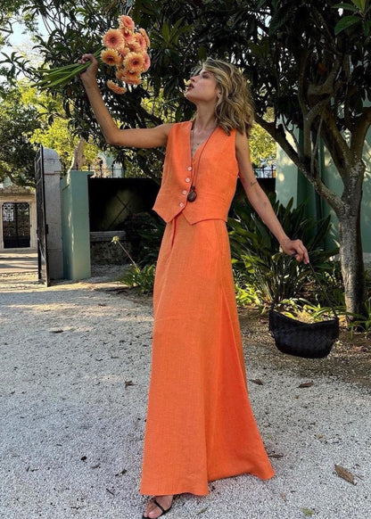 Sleeveless Linen Vest And Maxi Skirt Set In Orange