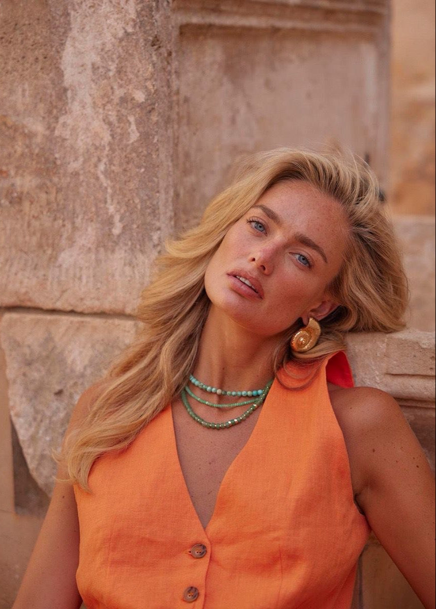 Sleeveless Linen Vest And Maxi Skirt Set In Orange