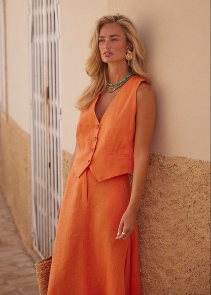 Sleeveless Linen Vest And Maxi Skirt Set In Orange
