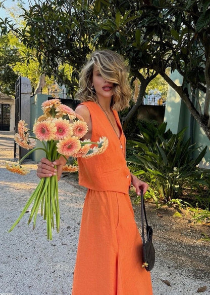 Sleeveless Linen Vest And Maxi Skirt Set In Orange