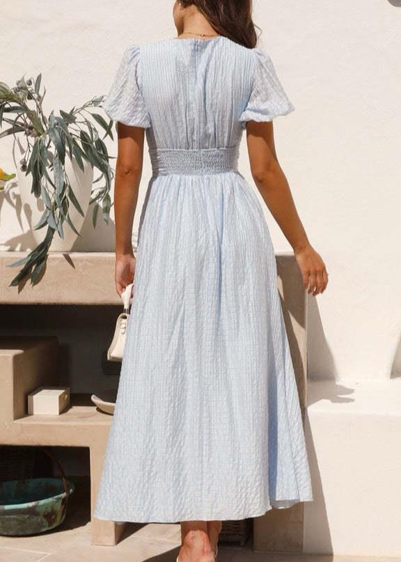 Buttoned V Neck Midi Dress With Flutter Sleeves