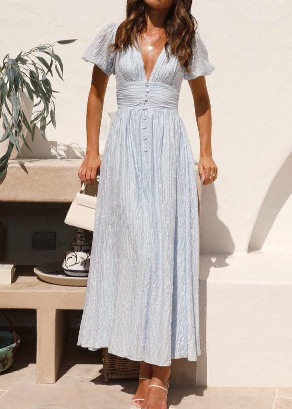 Buttoned V Neck Midi Dress With Flutter Sleeves