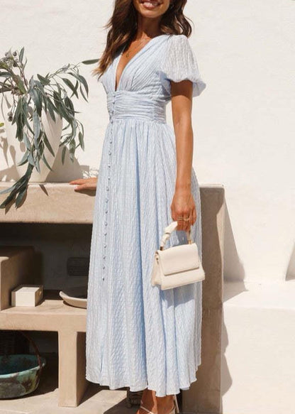 Buttoned V Neck Midi Dress With Flutter Sleeves
