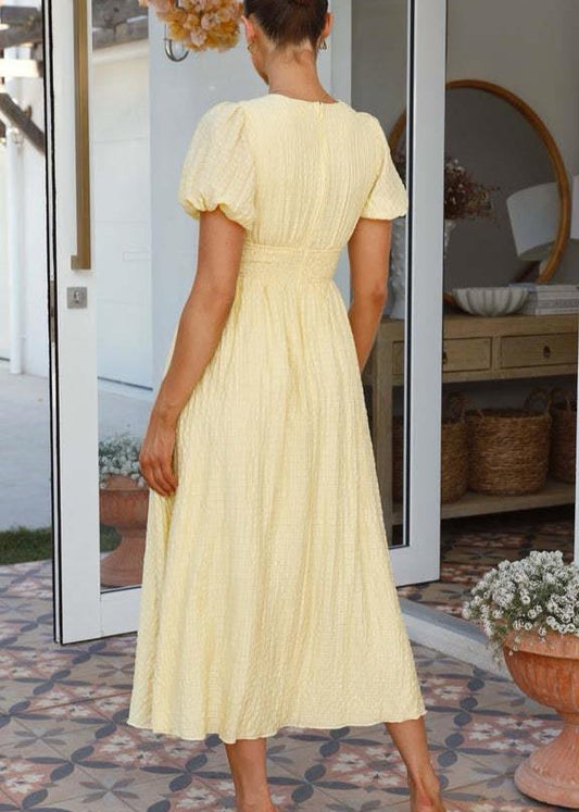 Smocked Midi Dress Light Textured Fabric Puff Sleeves