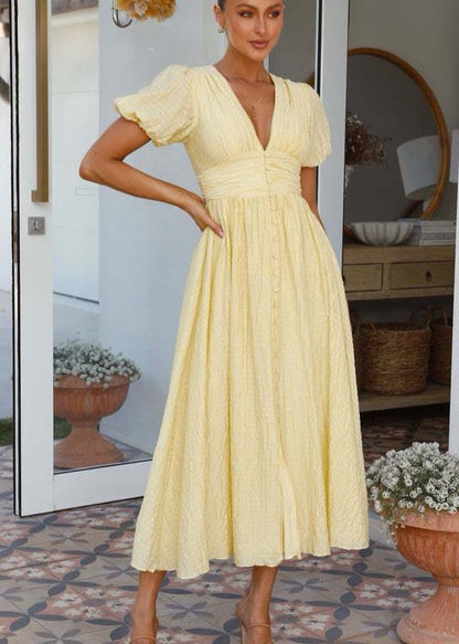 Smocked Midi Dress Light Textured Fabric Puff Sleeves