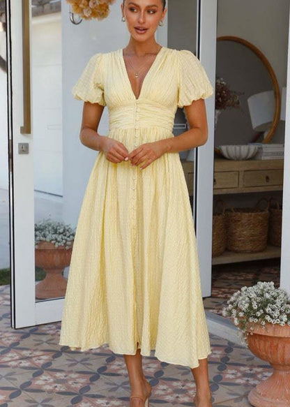 Smocked Midi Dress Light Textured Fabric Puff Sleeves