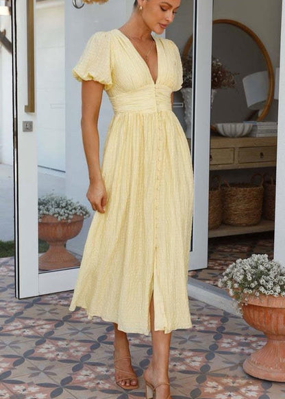 Smocked Midi Dress Light Textured Fabric Puff Sleeves
