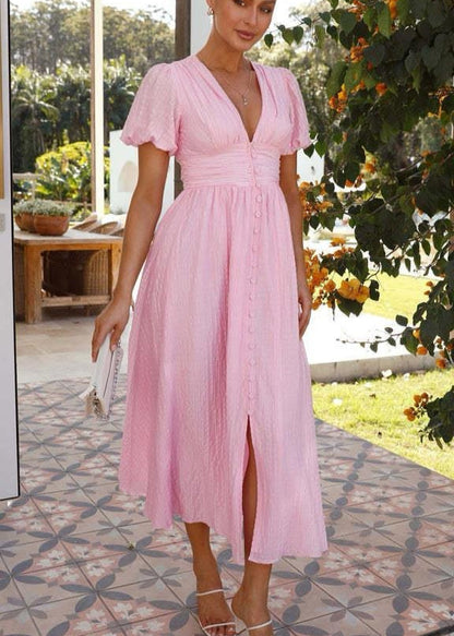 Puff Sleeve Button Front Midi Dress Lightweight Textured Fabric