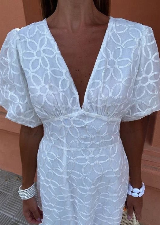 Embroidered Puff Sleeve Maxi Dress Cotton Textured Fabric