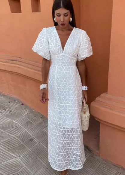 Embroidered Puff Sleeve Maxi Dress Cotton Textured Fabric