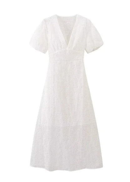 Embroidered Puff Sleeve Maxi Dress Cotton Textured Fabric