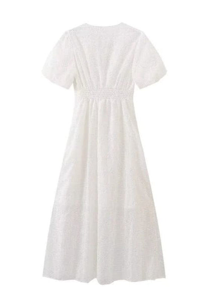 Embroidered Puff Sleeve Maxi Dress Cotton Textured Fabric