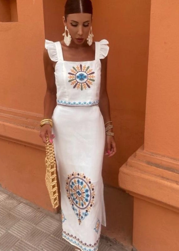 Embroidered Two Piece Set Polyester Ruffle Straps