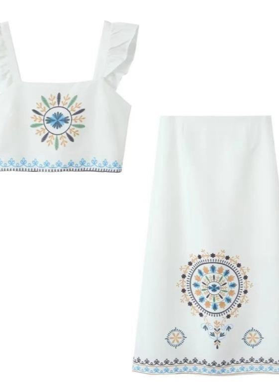 Embroidered Two Piece Set Polyester Ruffle Straps