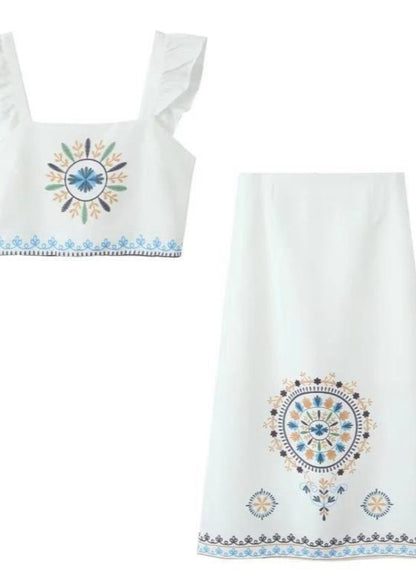 Embroidered Two Piece Set Polyester Ruffle Straps