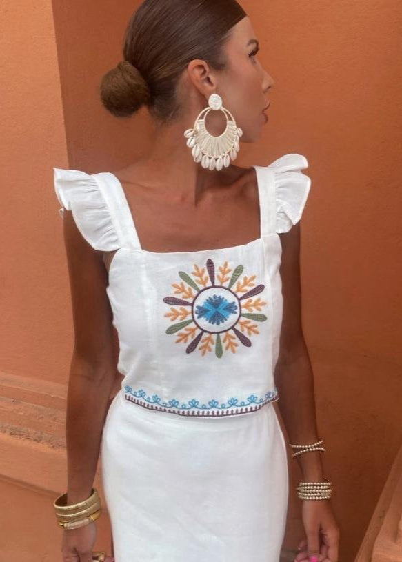 Embroidered Two Piece Set Polyester Ruffle Straps