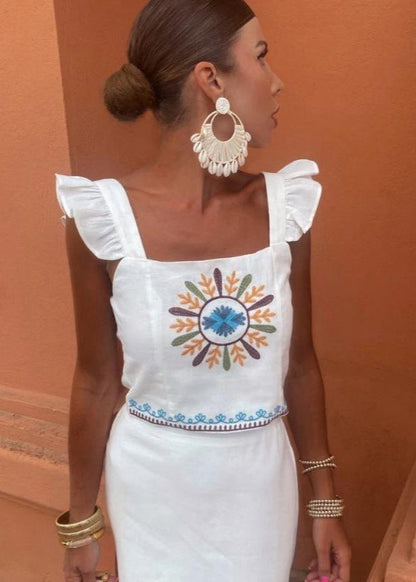Embroidered Two Piece Set Polyester Ruffle Straps