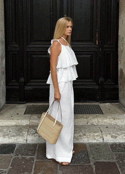 Flowy Ruffle Top with Wide-Leg Pants Set White