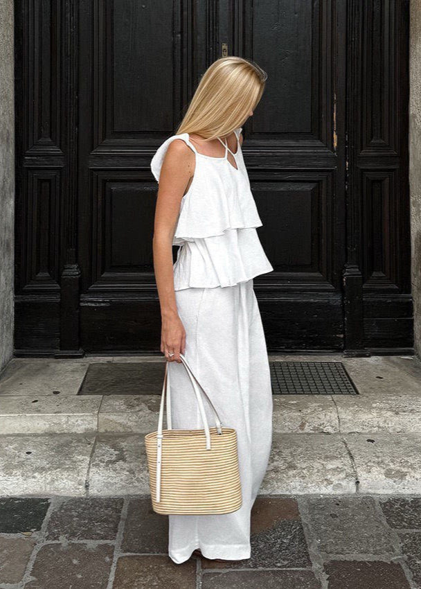 Flowy Ruffle Top with Wide-Leg Pants Set White