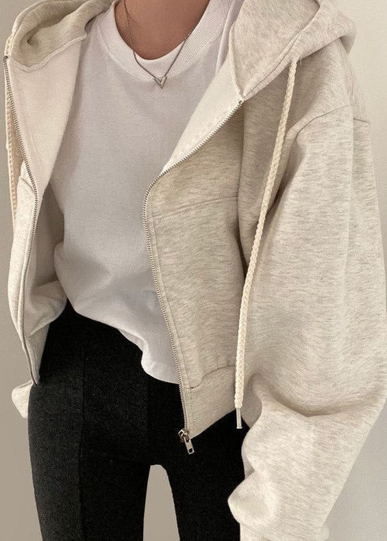 Neutral Fleece Knit Zip Up Hoodie With Drawstring Hood