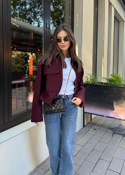 Boxy Wool Blend Zip Jacket Burgundy