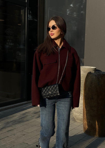 Boxy Wool Blend Zip Jacket Burgundy