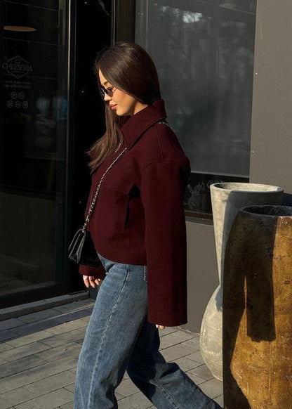 Boxy Wool Blend Zip Jacket Burgundy