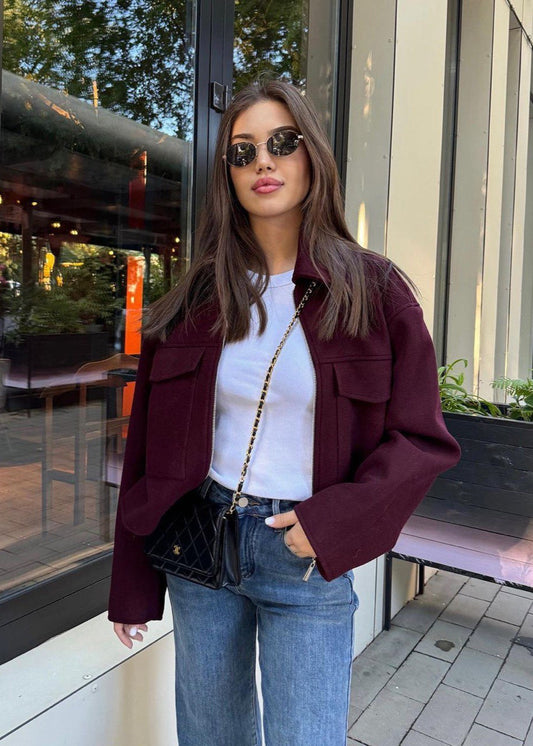 Boxy Wool Blend Zip Jacket Burgundy