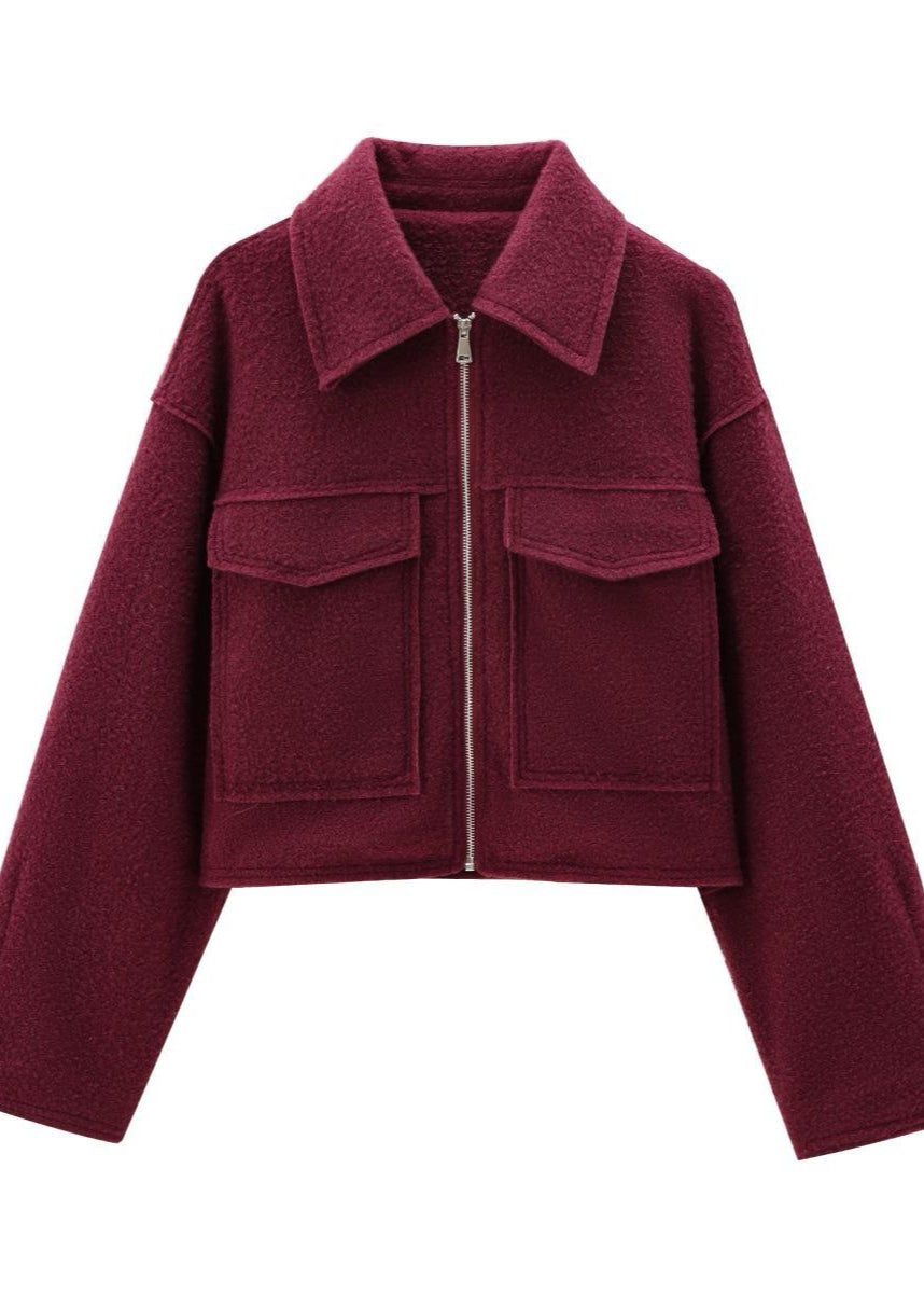 Boxy Wool Blend Zip Jacket Burgundy