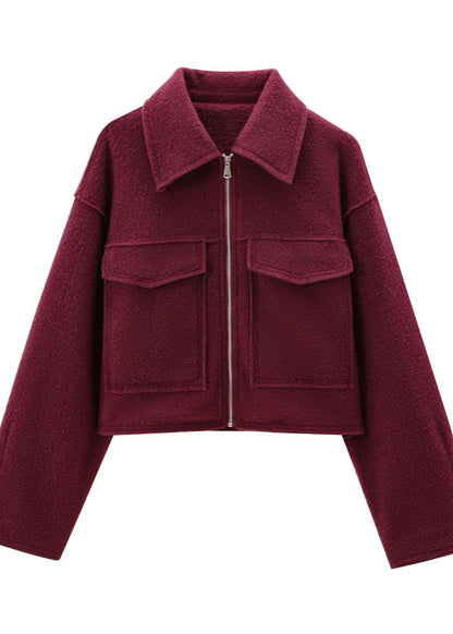 Boxy Wool Blend Zip Jacket Burgundy