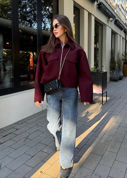Boxy Wool Blend Zip Jacket Burgundy