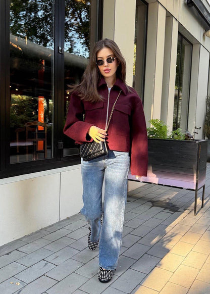 Boxy Wool Blend Zip Jacket Burgundy