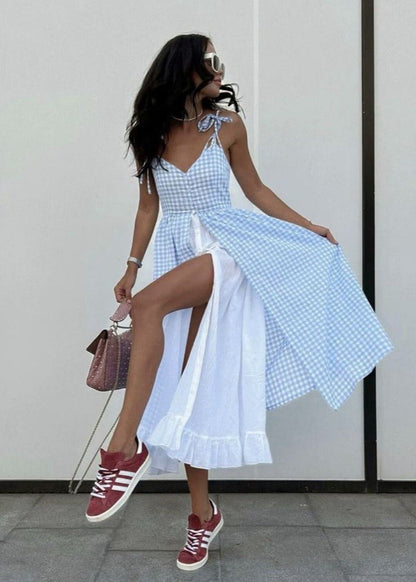 Gingham Layered Maxi Dress With Tie Straps