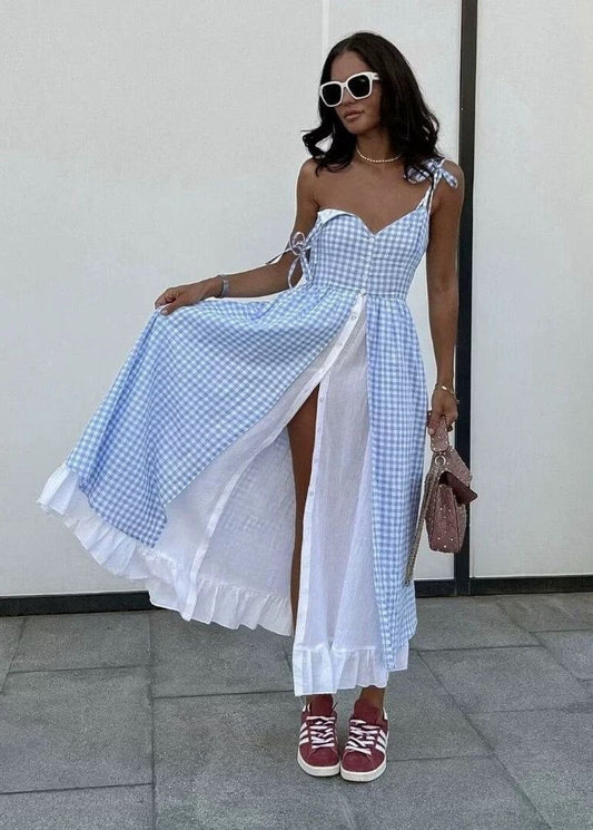 Gingham Layered Maxi Dress With Tie Straps