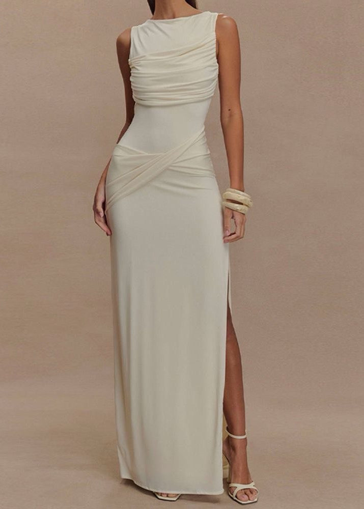 Champagne Sleeveless Maxi Gown With Draped Open Back