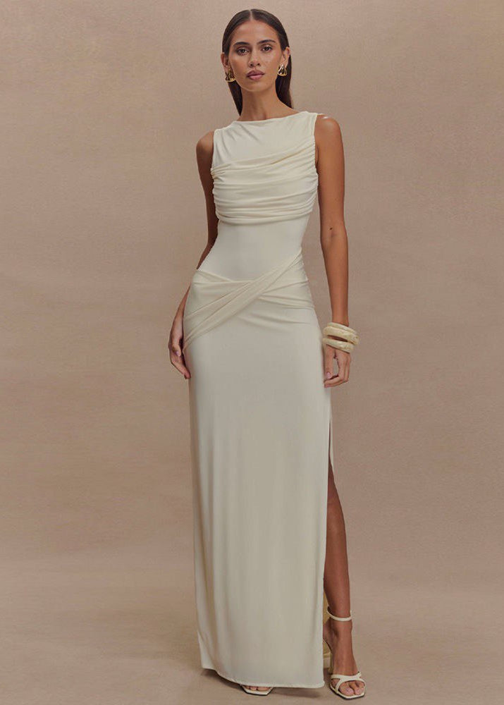 Champagne Sleeveless Maxi Gown With Draped Open Back