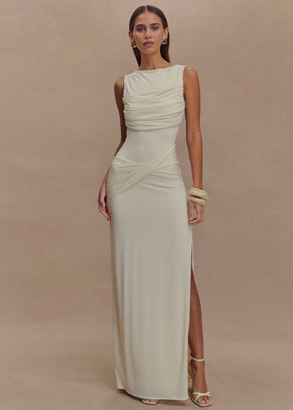 Champagne Sleeveless Maxi Gown With Draped Open Back
