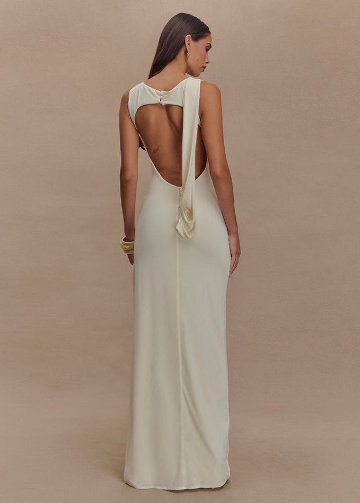 Champagne Sleeveless Maxi Gown With Draped Open Back