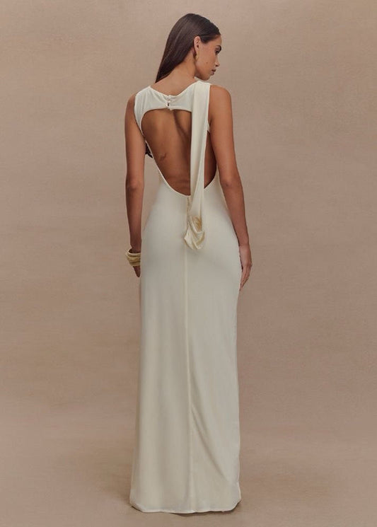 Champagne Sleeveless Maxi Gown With Draped Open Back