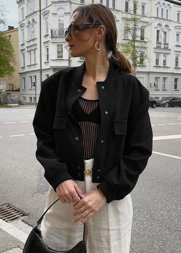 Cropped Cotton Bomber Jacket With Snap Buttons