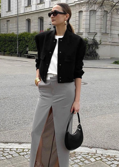 Cropped Cotton Bomber Jacket With Snap Buttons