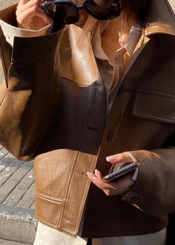 Faux Leather Cropped Jacket With Boxy Silhouette