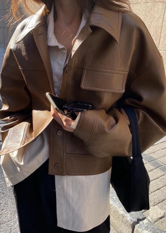 Faux Leather Cropped Jacket With Boxy Silhouette