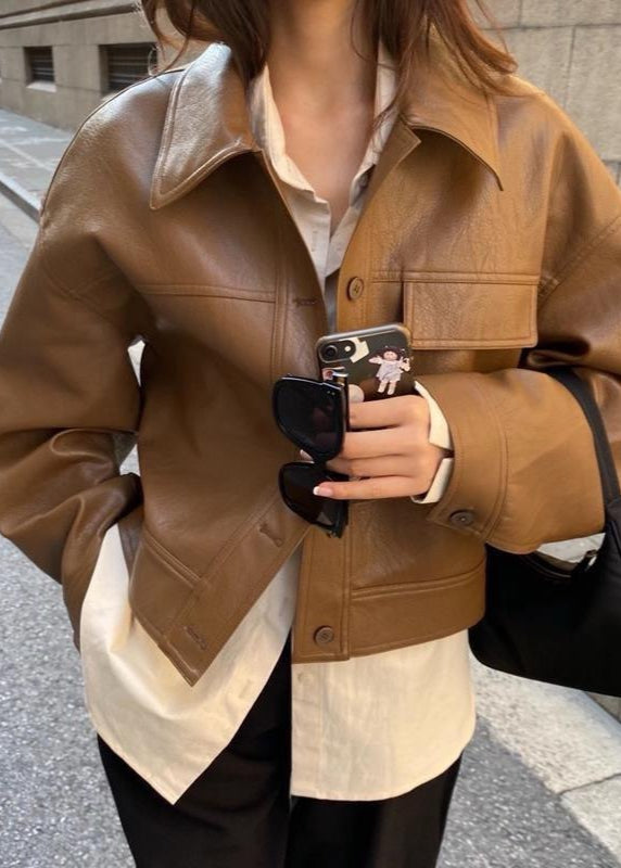 Faux Leather Cropped Jacket With Boxy Silhouette