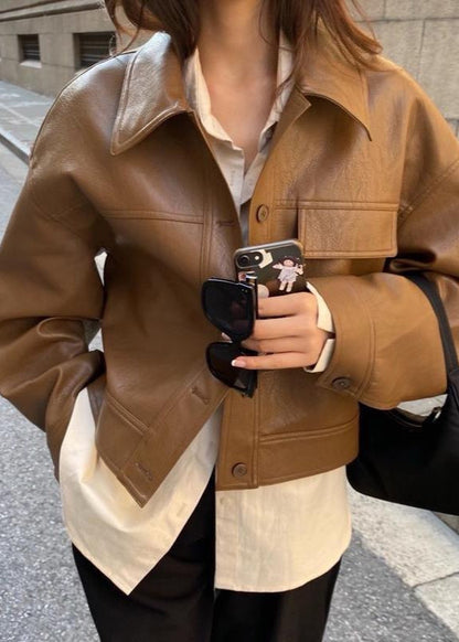Faux Leather Cropped Jacket With Boxy Silhouette