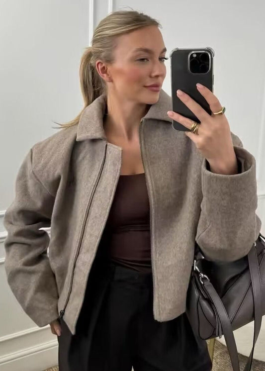 Structured Zip Up Wool Blend Jacket Taupe