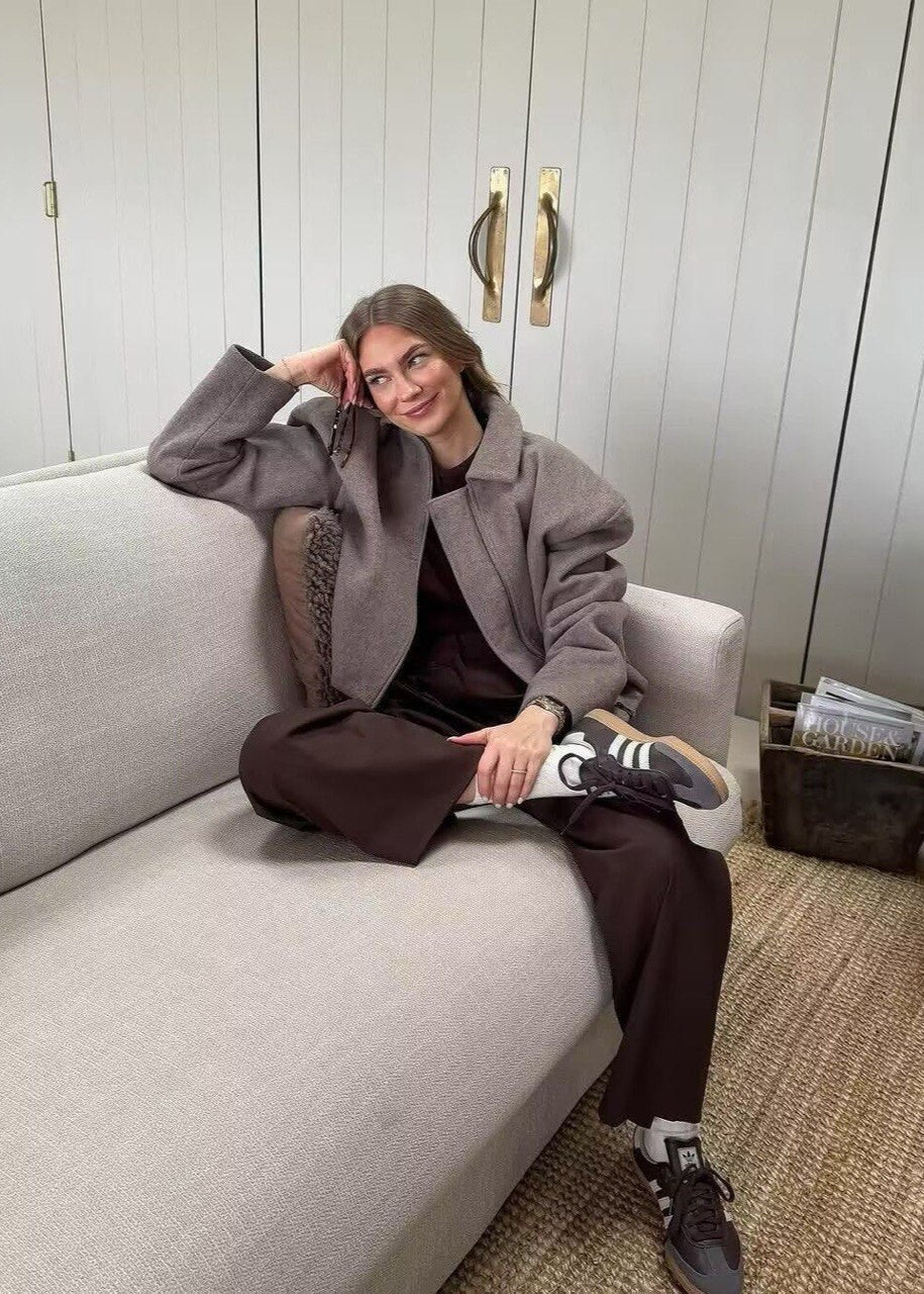 Structured Zip Up Wool Blend Jacket Taupe
